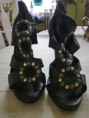 Black Studded Cutout High-Heel Sandals - Women